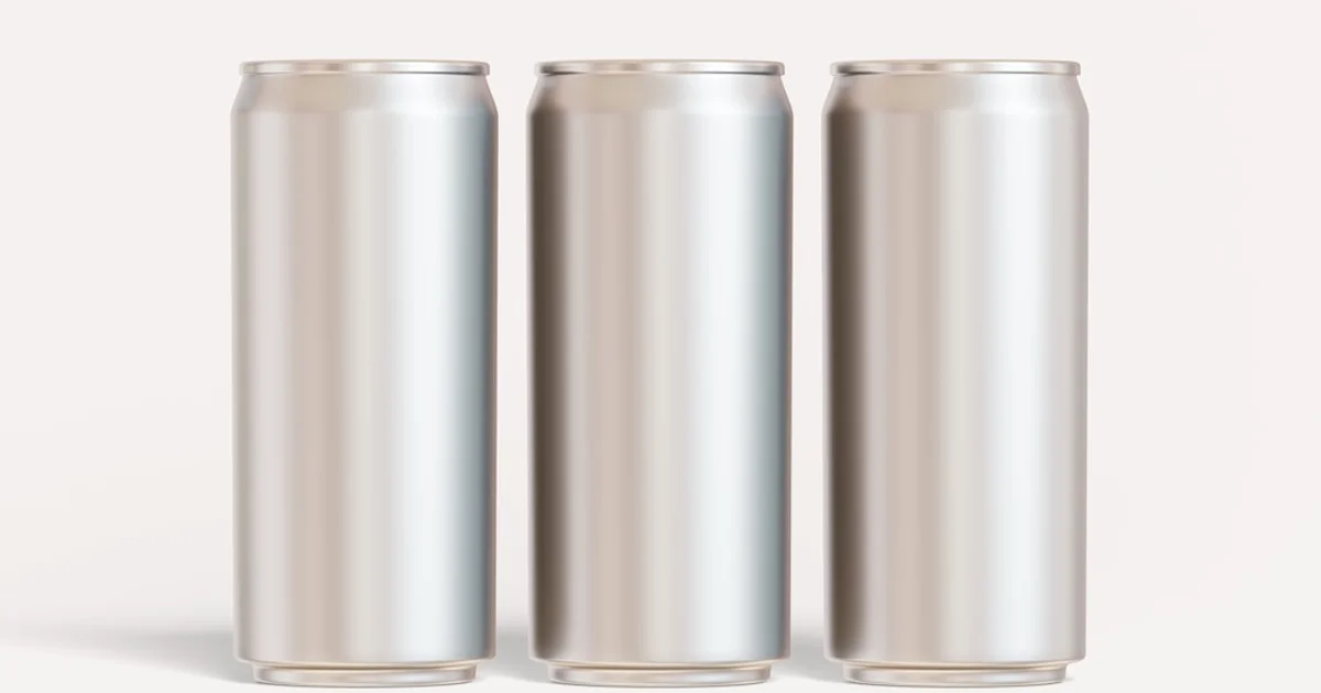 Three plain unlabeled aluminum energy drink cans on a white background