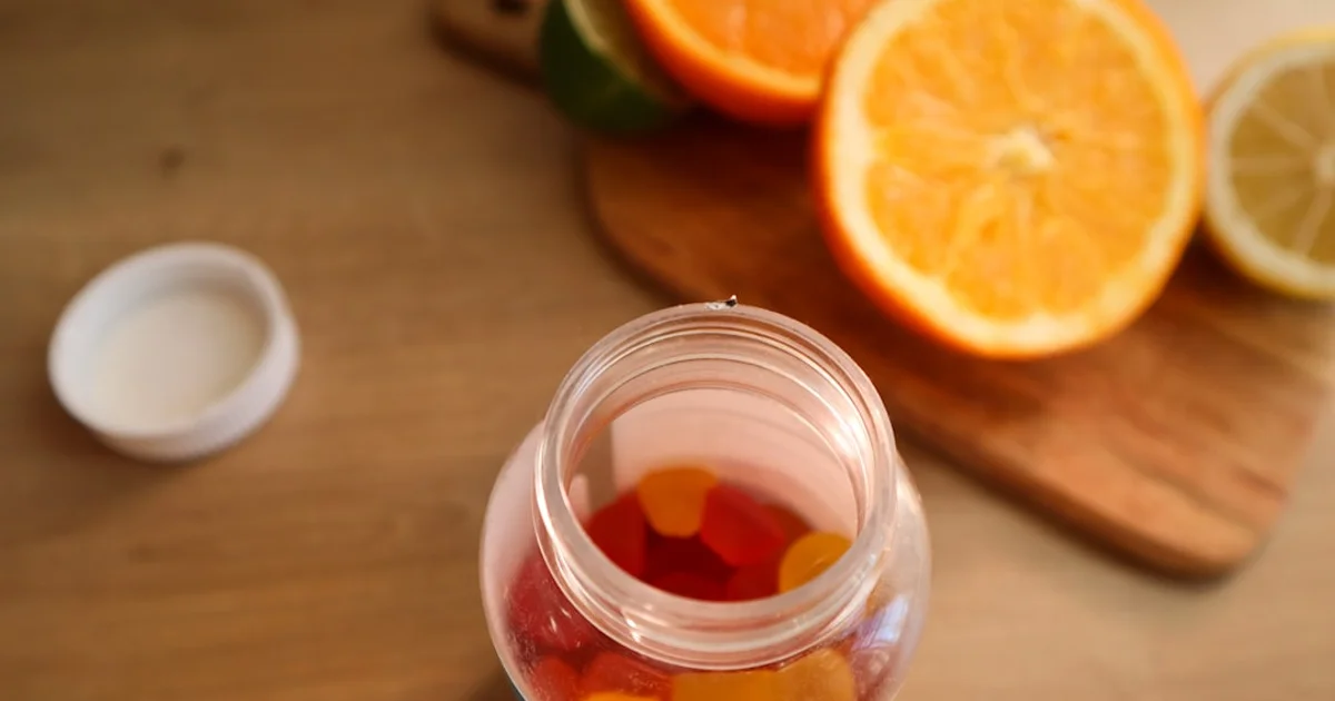 Open jar of orange and red gummy vitamins next to sliced citrus fruit