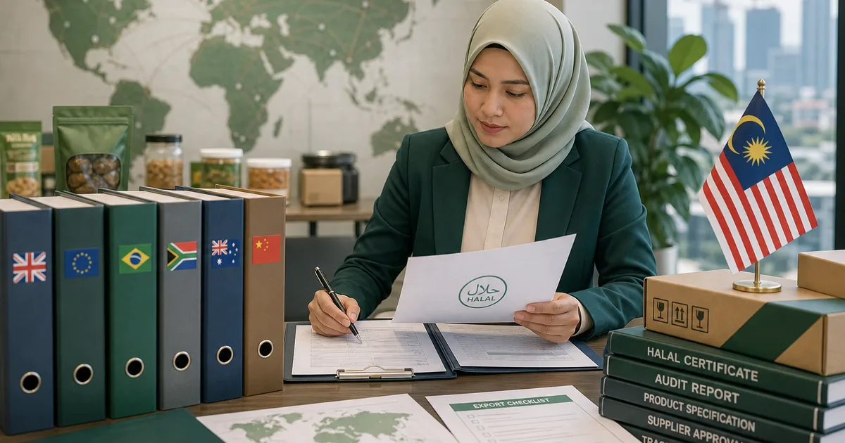 International halal certification review workspace with country folders and Malaysia trade documentation
