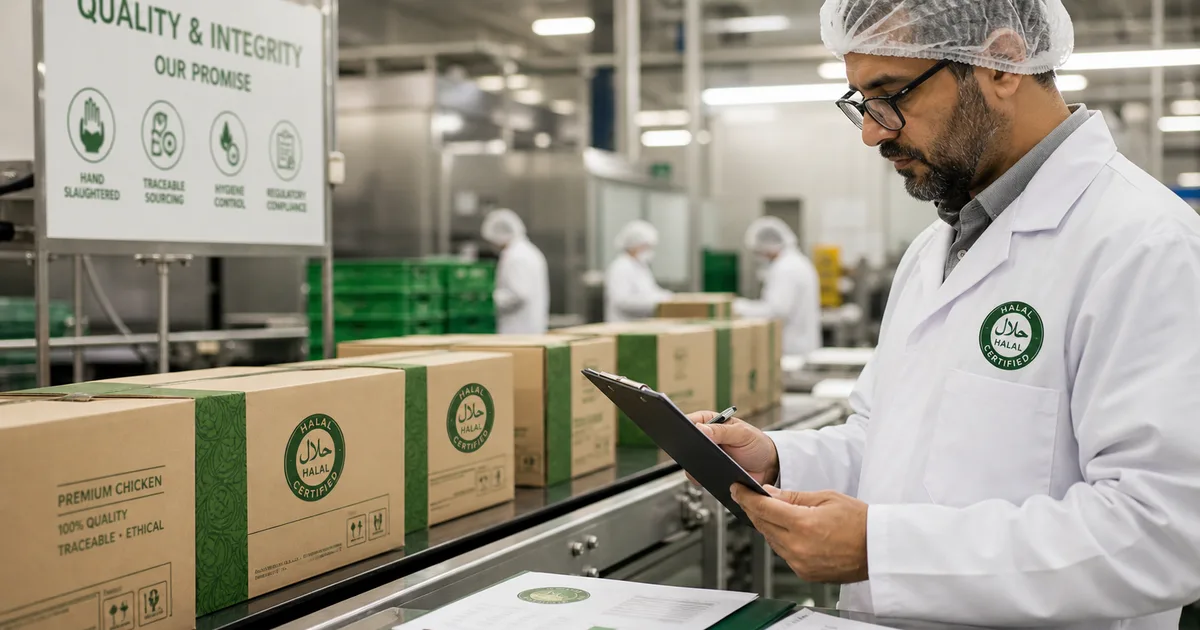 Food factory halal compliance review showing certified packaging and audit inspection