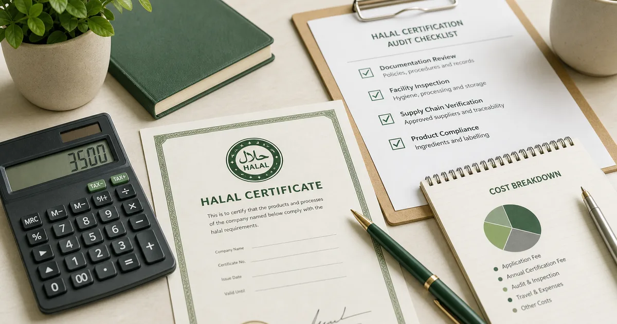 Calculator showing £3500 next to a halal certificate, audit checklist, and cost breakdown chart — halal certification cost guide for UK, US and Australian food businesses