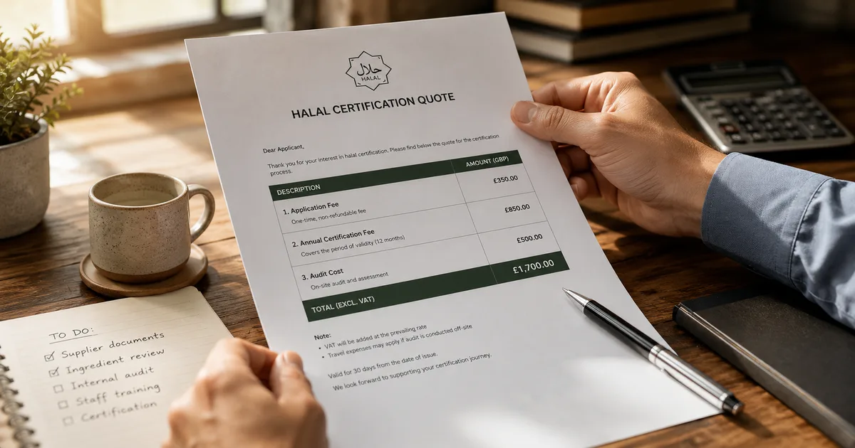 Business owner reviewing a halal certification quote document showing application fee, annual certification fee, and audit cost line items