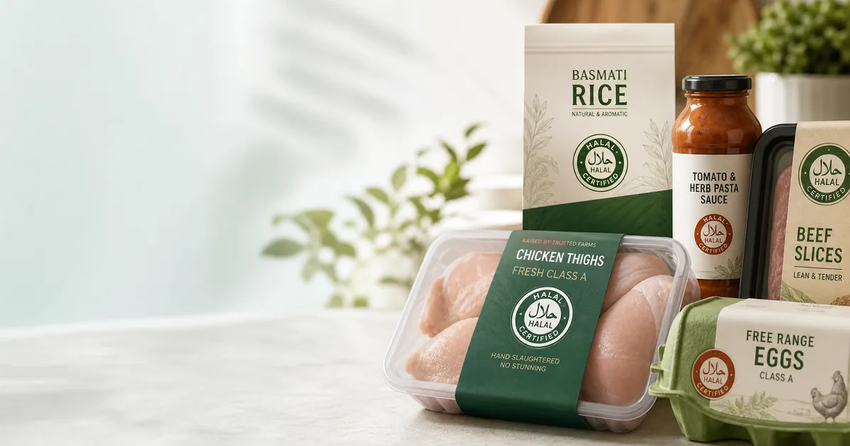 Packaged halal-certified foods with visible certification seals used as a hero image for a logos guide
