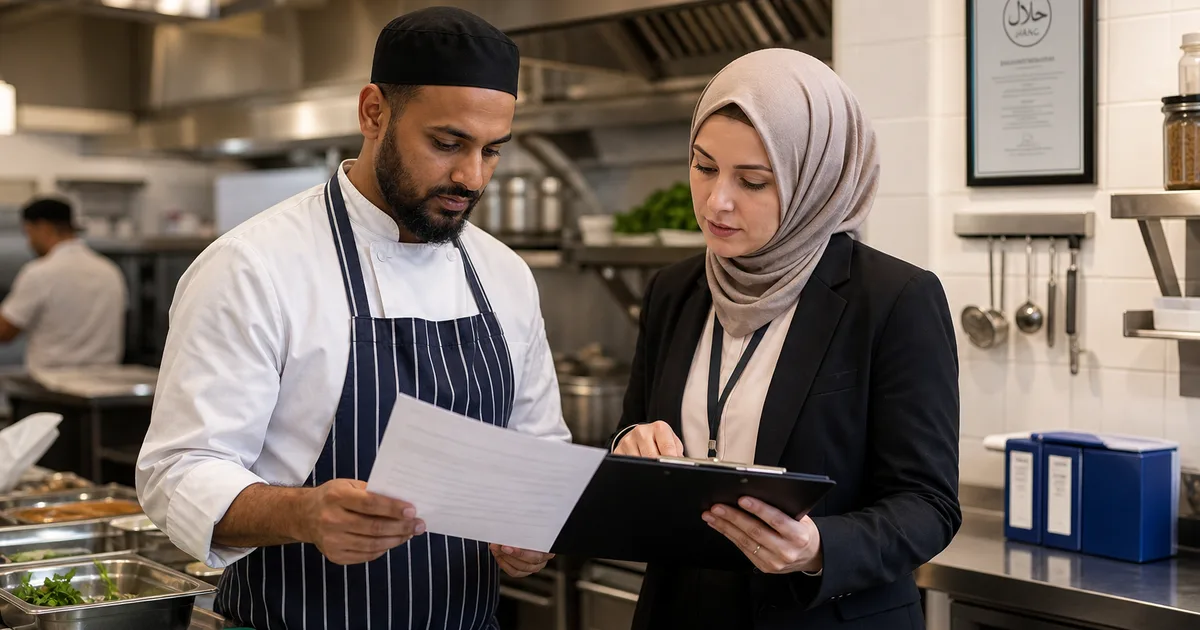 Restaurant manager and halal auditor reviewing supplier paperwork and certification requirements in a commercial kitchen