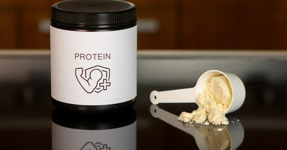 Protein supplements and vitamins on a white background