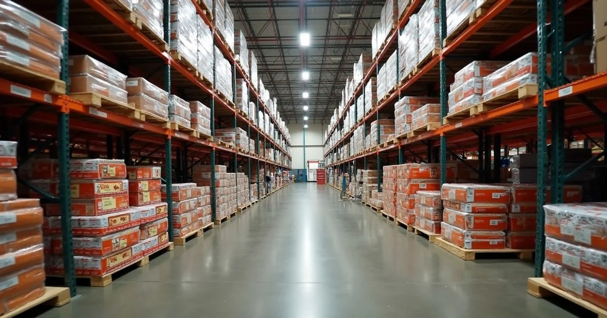 Bulk meat and grocery products in a UK warehouse store with large-format packaging
