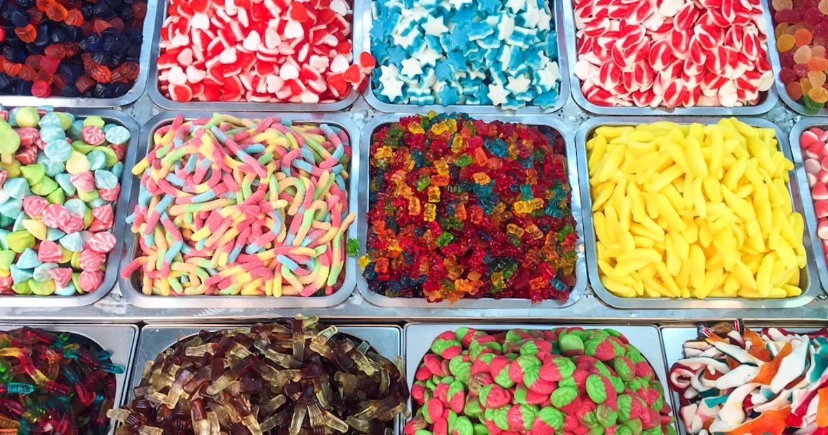 Singapore supermarket candy aisle with gummy sweets and confectionery