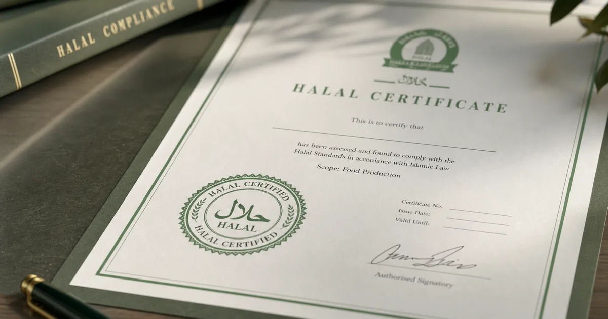 UK halal certificate document on a desk with green certification seals