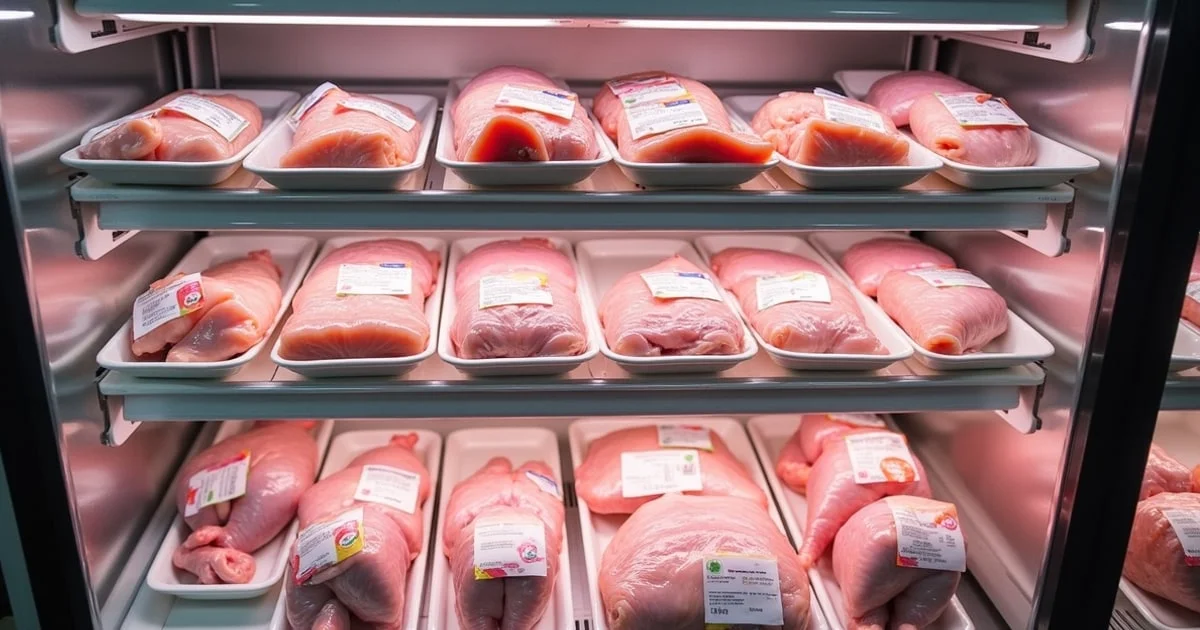 Packs of fresh chicken in a UK supermarket chilled aisle