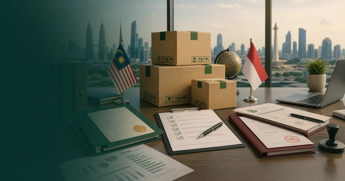 Export compliance desk with Malaysia and Indonesia flags, shipping cartons, and halal certification paperwork for cross-border market planning