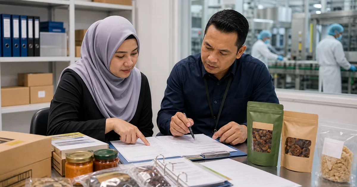 Food compliance team reviewing packaging, ingredient lists, and halal export paperwork for the Malaysian market