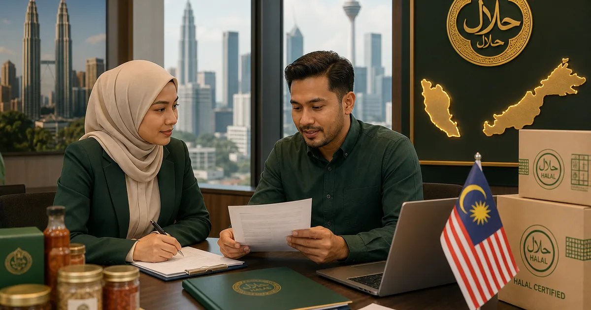 Malaysia halal export planning scene with Kuala Lumpur skyline, trade documents, and certification review