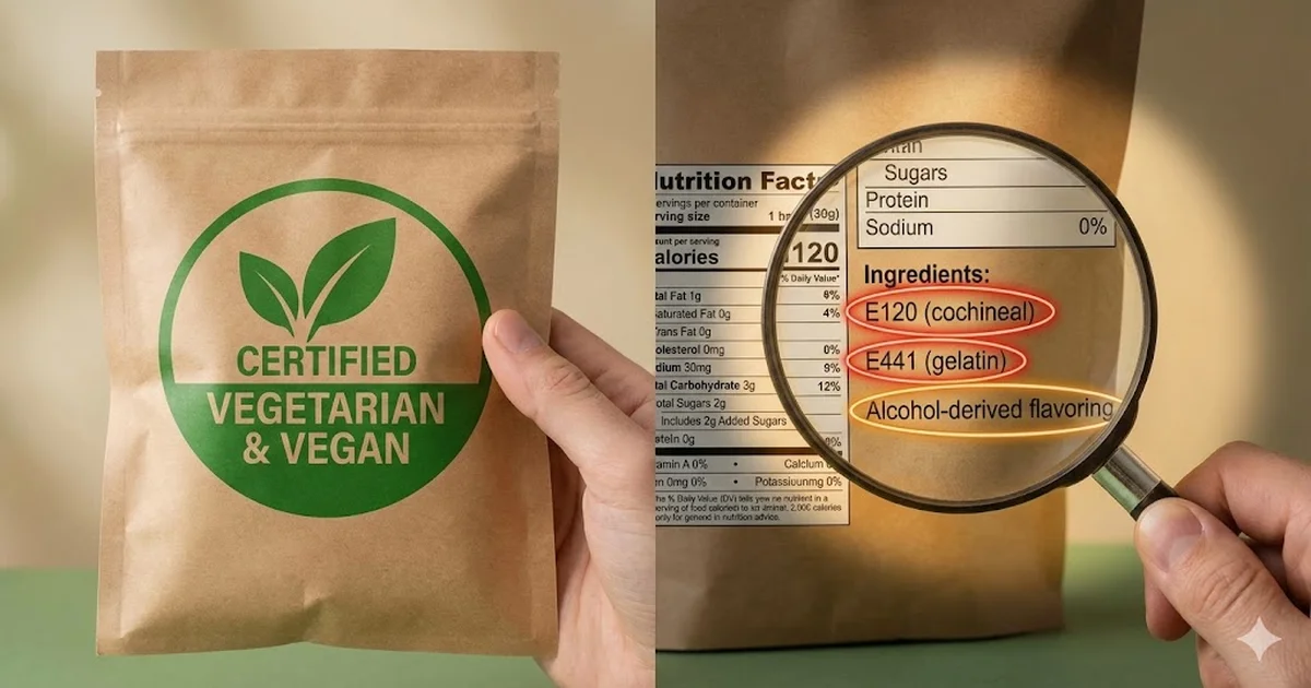 Packaged food label with vegetarian mark and ingredient list